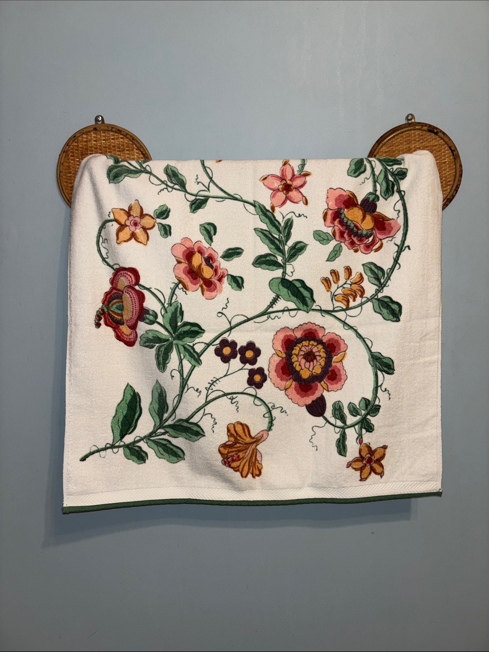 Embroidered Floral Vine Towel - White with Multicolor Flowers